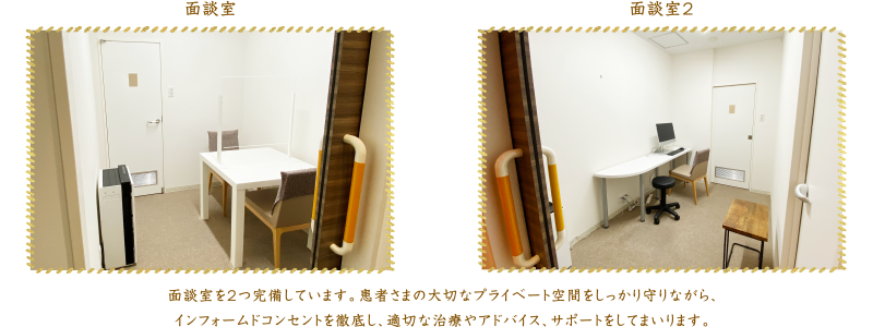 面談室を２つ完備しています。患者さまの大切なプライベート空間をしっかり守りながら、インフォームドコンセントを徹底し、適切な治療やアドバイス、サポートをしてまいります。