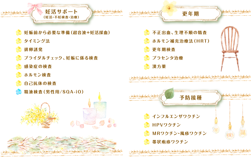 妊活サポート（妊活・不妊検査・治療） 妊娠前から必要な準備（超音波＋妊活採血）、
タイミング法、排卵誘発、ブライダルチェック、妊娠に係る検査、感染症の検査、ホルモン検査、自己抗体の検査、精液検査（男性用/SQA-iO）　更年期　不正出血、生理不順の検査、ホルモン補充治療法（HRT）、更年期検査、プラセンタ治療、漢方薬　予防接種　インフルエンザワクチン、HPVワクチン、MRワクチン・風疹ワクチン、帯状疱疹ワクチン