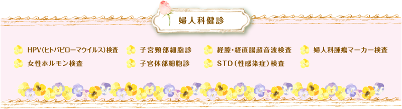 婦人科健診　HPV（ヒトパピローマウイルス）検査、女性ホルモン検査、子宮頸部細胞診、子宮体部細胞診、経膣・経直腸超音波検査、STD（性感染症）検査、婦人科腫瘍マーカー検査